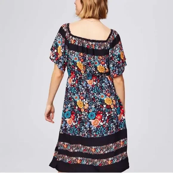 LOFT Black Floral Print Striped Off the Shoulder Dress Sz. Small Petite SP - Picture 2 of 8